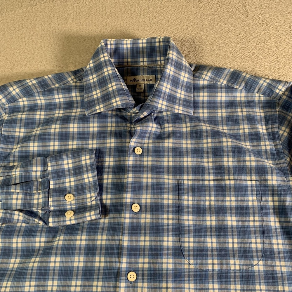 Peter Millar Shirt Mens Medium Blue Plaid Stretch Button Front Long Sleeve